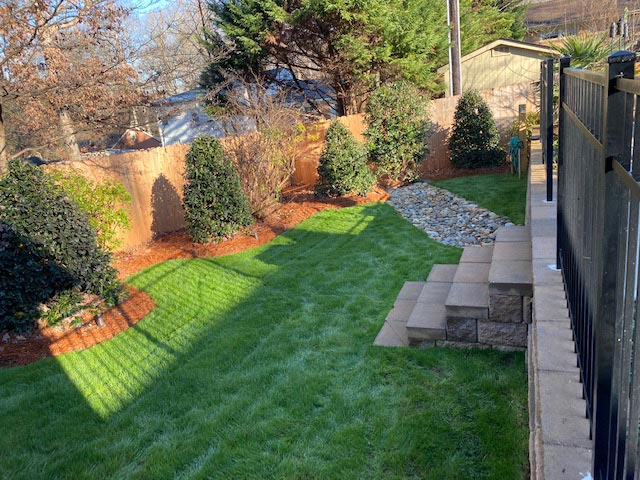 Southeastern Tree and Landscaping | beautiful backyard with stone steps and iron fence